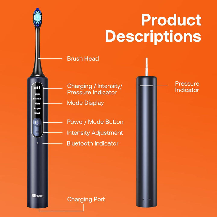 Bitvae Smart S3 Sonic Electric Toothbrush for Adults, 180-Day Battery Life Rechargeable Electric Power Toothbrush with Pressure Sensor, Electric Toothbrush with 4 Brush Heads, Travel Case, Dark Blue - Zrafh.com - Your Destination for Baby & Mother Needs in Saudi Arabia