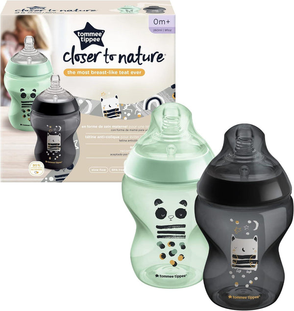 Tommee Tippee Closer to Nature Slow-Flow Baby Bottles with Anti-Colic Valve - 2 Pieces - 260 ml-Ollie And Pip - Zrafh.com - Your Destination for Baby & Mother Needs in Saudi Arabia