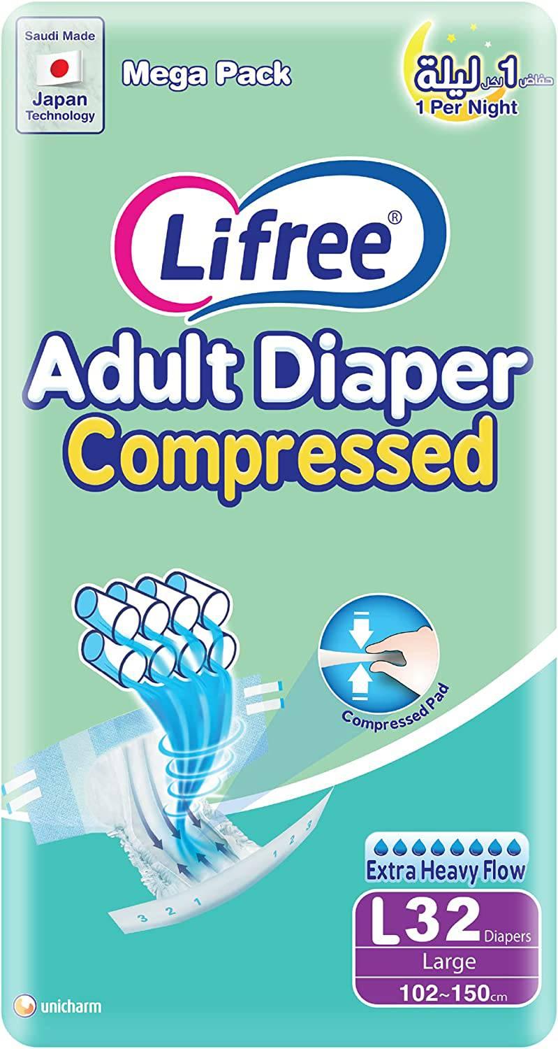 Lifree Tape Compressed, Adult Diapers 8 Cups , Large 32 Pcs