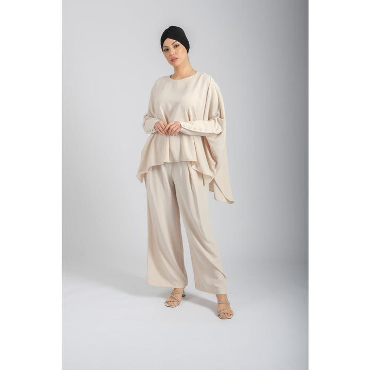 Londonella Women's Wide Long Sleeves Blouse With Pants Set - Beige - 100264 - Zrafh.com - Your Destination for Baby & Mother Needs in Saudi Arabia