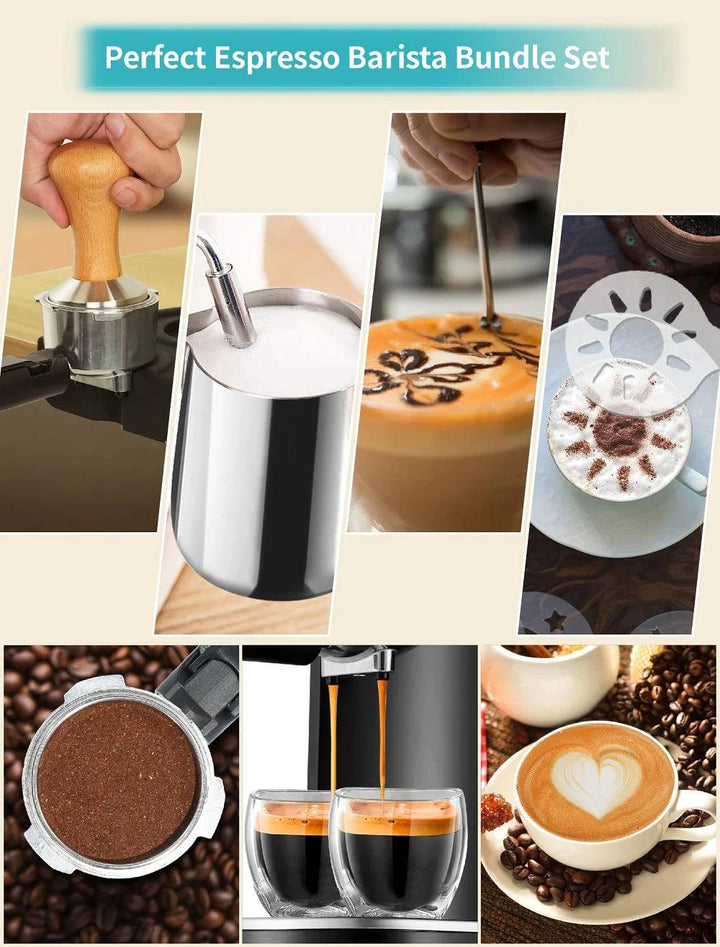 Gevi Espresso Machine Accessories - Milk Frothing Pitcher 12oz/350mL, 16 Pieces Coffee Decorating Stencils, Decorating Art Pen, Stainless Steel Tamper, Barista Towel and Coffee Tamper Placement - Zrafh.com - Your Destination for Baby & Mother Needs in Saudi Arabia