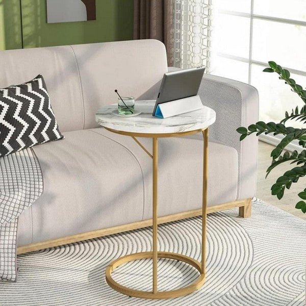 Alhome Marble Wood Side Table - 35x55 cm - Gold and White - AL-73 - Zrafh.com - Your Destination for Baby & Mother Needs in Saudi Arabia