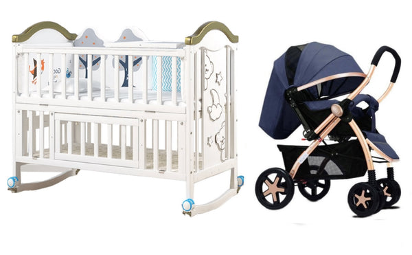 Dreeba Baby Bundle Set - Dreeba Multifunctional Baby Crib - White -WBB598G with Dreeba One Way Folding Stroller with Storage Basket Travel Stroller  with Rear Dividers and Compact Foldable Design 859h