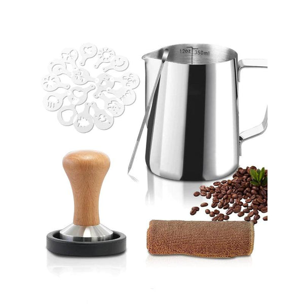 Gevi Espresso Machine Accessories - Milk Frothing Pitcher 12oz/350mL, 16 Pieces Coffee Decorating Stencils, Decorating Art Pen, Stainless Steel Tamper, Barista Towel and Coffee Tamper Placement