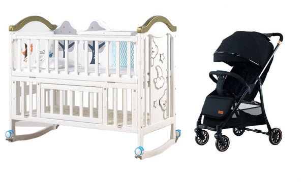 Dreeba Baby Bundle Set - Dreeba Multifunctional Baby Cot With Mosquito Net From 100% New Zealand Pine Wood - White And Gold - WBB598G with Dreeba One Way Push Baby Stroller With Optimal Wheel Size for Child Stability - M676