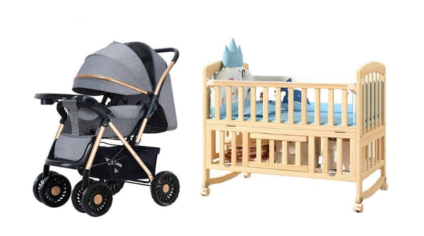 Dreeba Baby Bundle Set - Dreeba Baby Cot With Spacious Storage Area And 360° Wheels - Wood - WBBZ29 with  Dreeba Two Way Foldable Push Baby Stroller A6 with Storage Basket Travel Stroller, Rear Breaks, Compact Foldable Design