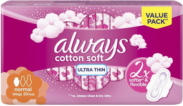 Always Cotton Soft Ultra Thin, Normal sanitary pads with wings, 20 Count - Zrafh.com - Your Destination for Baby & Mother Needs in Saudi Arabia