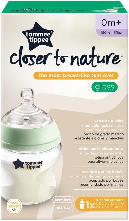 Tommee Tippee Closer to Nature Slow Flow Glass Baby Bottle with Anti-Colic Valve 150ML - Zrafh.com - Your Destination for Baby & Mother Needs in Saudi Arabia