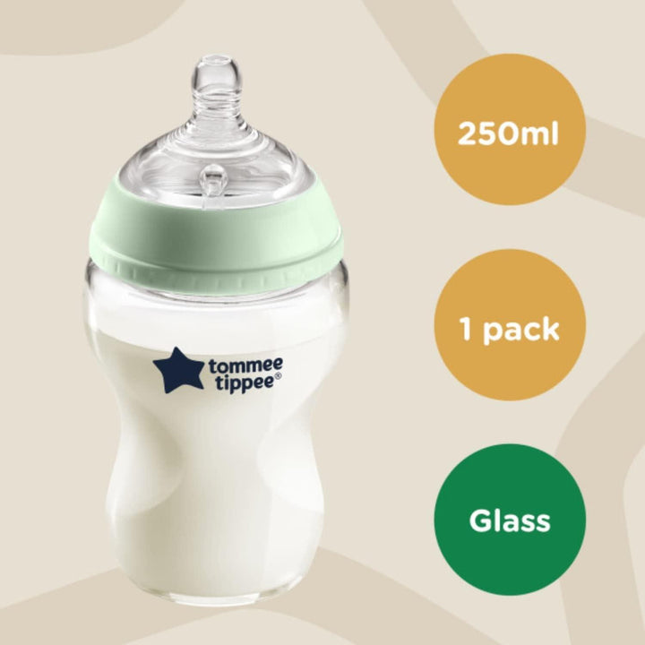 Tommee Tippee Closer to Nature Slow Flow Glass Baby Bottle with Anti-Colic Valve 250ML - Zrafh.com - Your Destination for Baby & Mother Needs in Saudi Arabia