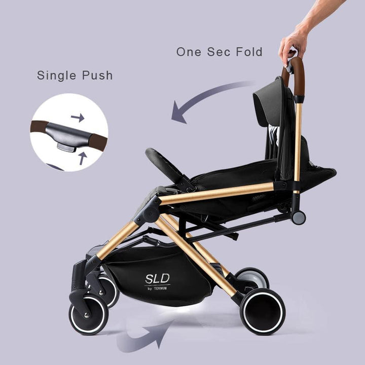 Teknum Travel Lite Shock Proof Stroller SLD|Extra Wide Seat|Single Hand Fold|360° Rotating Wheels|Air Travel Cabin|Cover Carry Bag|Newborn Baby/Kids,0-3 Years Stroller (Black Gold) - Zrafh.com - Your Destination for Baby & Mother Needs in Saudi Arabia