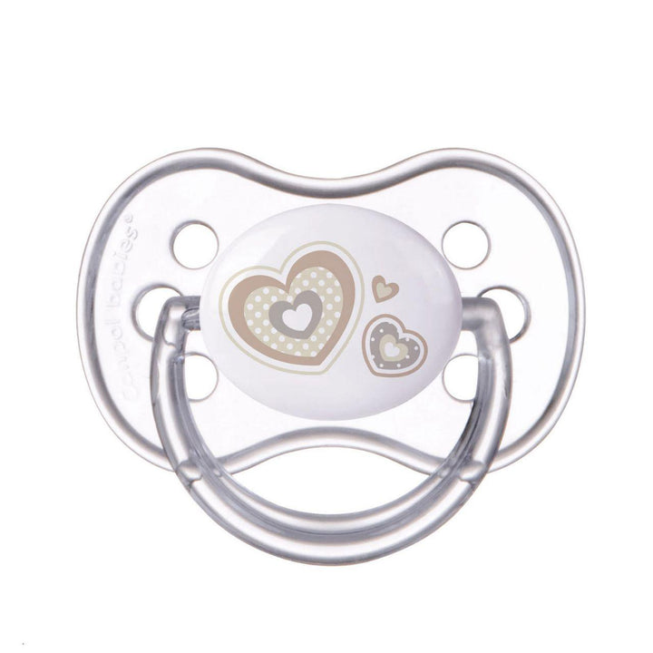 CANPOL Symmetric silicone soother 6-18 months (1 pc) Newborn baby beige hearts - ZRAFH