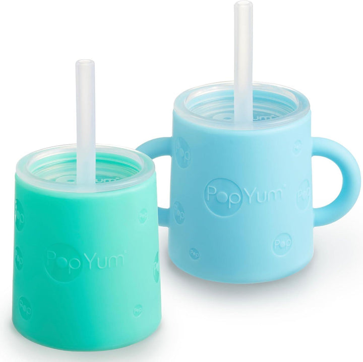 PopYum Silicone Training Cup with Straw Lid, 2-Pack for Baby, Infant and Toddler, Tumbler, Sippy, handles, 5 ounce (blue, green) - Zrafh.com - Your Destination for Baby & Mother Needs in Saudi Arabia