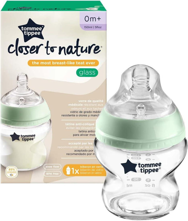 Tommee Tippee Closer to Nature Slow Flow Glass Baby Bottle with Anti-Colic Valve 150ML - Zrafh.com - Your Destination for Baby & Mother Needs in Saudi Arabia