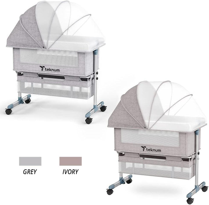 Teknum Bedside Crib,Sleeper,Newborn Infant,Cot, Breathable Mesh,Wheels wt Brakes,2 Level Adjustments,Cradle,Unshakable Mode,Rocker,Mosquito Net,Storage Space, Anti-reflux mode,Mattress,0-2Years,Grey - Zrafh.com - Your Destination for Baby & Mother Needs in Saudi Arabia