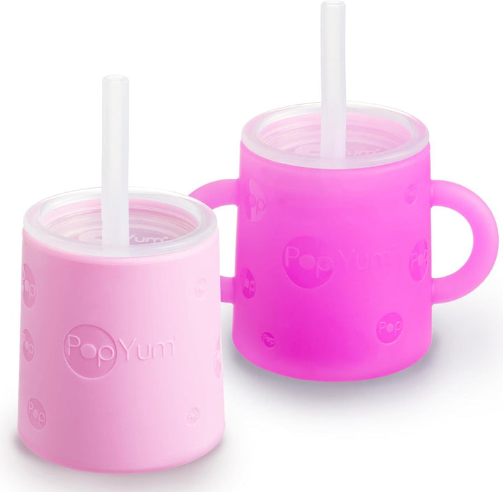 PopYum Silicone Training Cup with Straw Lid, 2-Pack for Baby, Infant and Toddler, Tumbler, Sippy, handles, 5 ounce (purple, pink) - Zrafh.com - Your Destination for Baby & Mother Needs in Saudi Arabia
