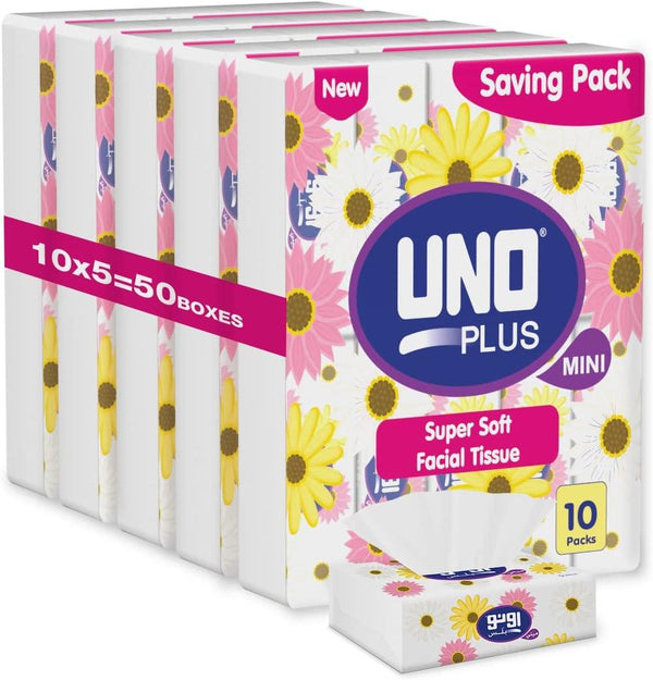 UNO Plus Mini SuperSoft Facial Tissues, Saver Bundle - 180 Sheets x 2 Ply - Pack of 50 Soft Packs - Zrafh.com - Your Destination for Baby & Mother Needs in Saudi Arabia