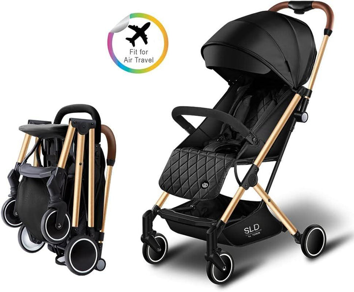 Teknum Travel Lite Shock Proof Stroller SLD|Extra Wide Seat|Single Hand Fold|360° Rotating Wheels|Air Travel Cabin|Cover Carry Bag|Newborn Baby/Kids,0-3 Years Stroller (Black Gold) - Zrafh.com - Your Destination for Baby & Mother Needs in Saudi Arabia