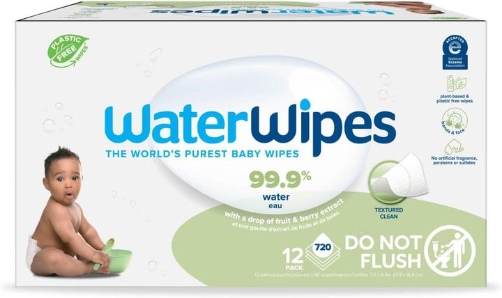 WaterWipes Plastic-Free Textured Clean, Toddler & Baby Wipes, 720 Count (12 Packs of 60 wipes), 99.9% Water Based Wipes, Unscented for Sensitive Skin - Zrafh.com - Your Destination for Baby & Mother Needs in Saudi Arabia