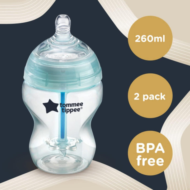 Tommee Tippee Anti-Colic Slow-Flow Baby Bottle with Unique Anti-Colic Venting System - 2 Pieces - 260 ml - Zrafh.com - Your Destination for Baby & Mother Needs in Saudi Arabia