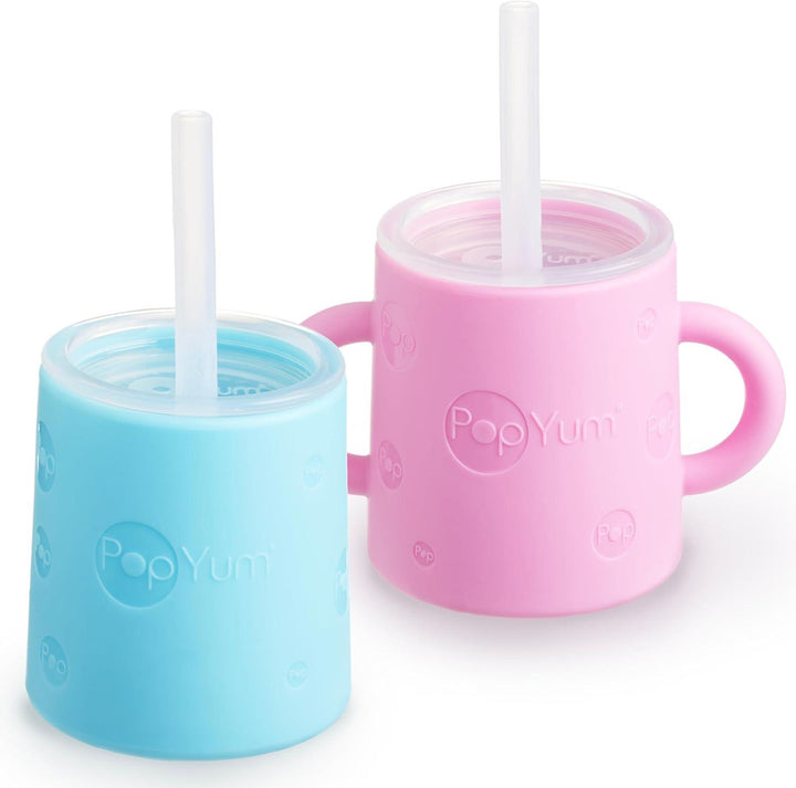 PopYum Silicone Training Cup with Straw Lid 2-Pack for Baby, Infant and Toddler, Tumbler, Sippy, handles, 5 ounce (blue, pink) - Zrafh.com - Your Destination for Baby & Mother Needs in Saudi Arabia