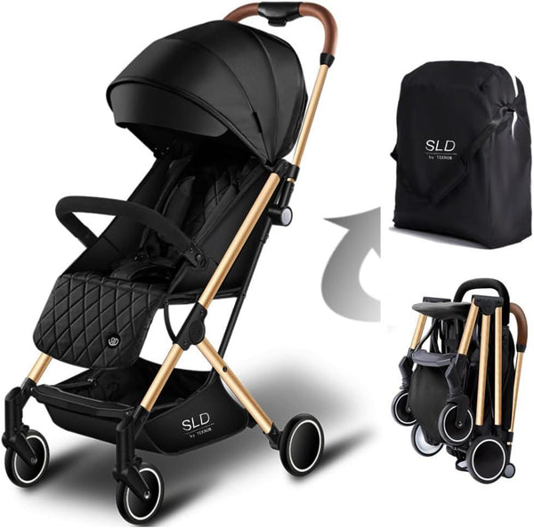 Teknum Travel Lite Shock Proof Stroller SLD|Extra Wide Seat|Single Hand Fold|360° Rotating Wheels|Air Travel Cabin|Cover Carry Bag|Newborn Baby/Kids,0-3 Years Stroller (Black Gold) - Zrafh.com - Your Destination for Baby & Mother Needs in Saudi Arabia