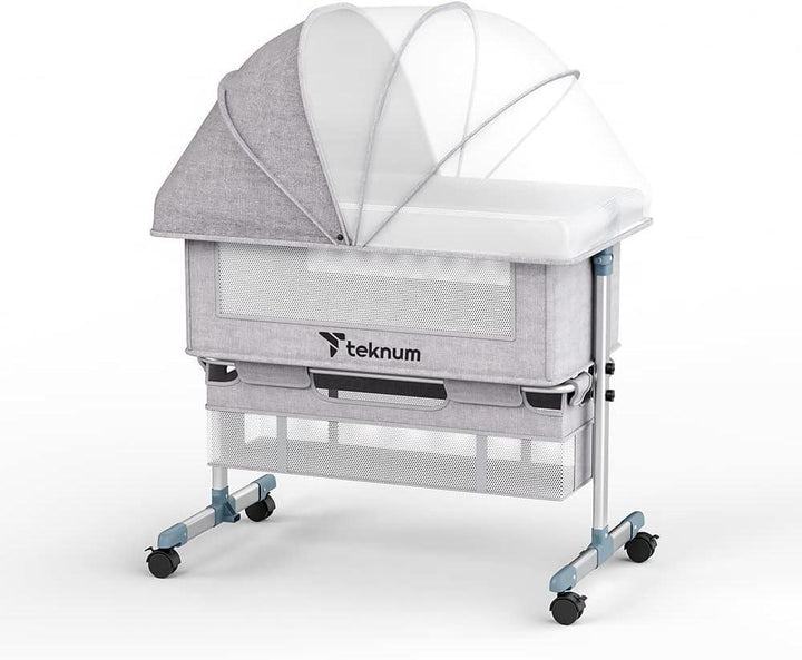 Teknum Bedside Crib,Sleeper,Newborn Infant,Cot, Breathable Mesh,Wheels wt Brakes,2 Level Adjustments,Cradle,Unshakable Mode,Rocker,Mosquito Net,Storage Space, Anti-reflux mode,Mattress,0-2Years,Grey - Zrafh.com - Your Destination for Baby & Mother Needs in Saudi Arabia
