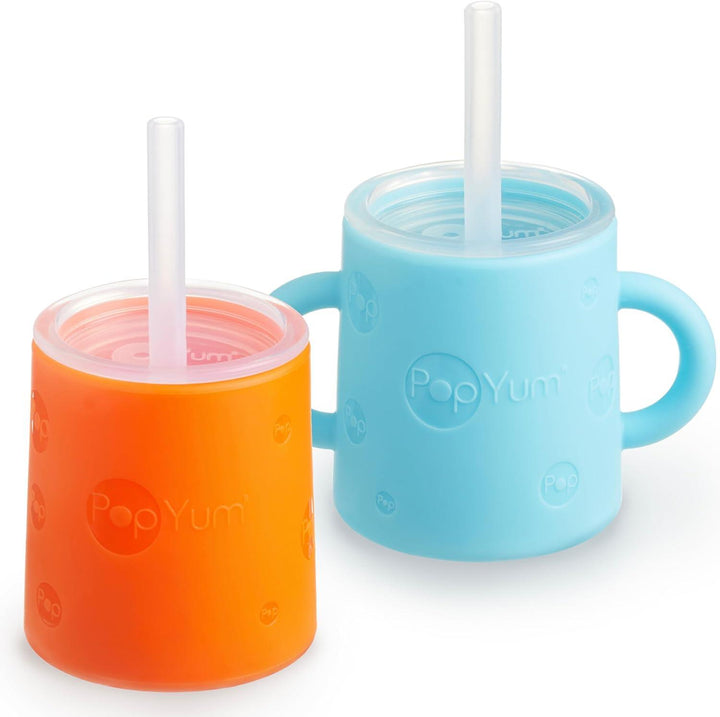 PopYum Silicone Training Cup with Straw + Lid 2-Pack for Baby, Infant and Toddler, Tumbler, Sippy, handles, 5 ounce (blue, orange) - Zrafh.com - Your Destination for Baby & Mother Needs in Saudi Arabia