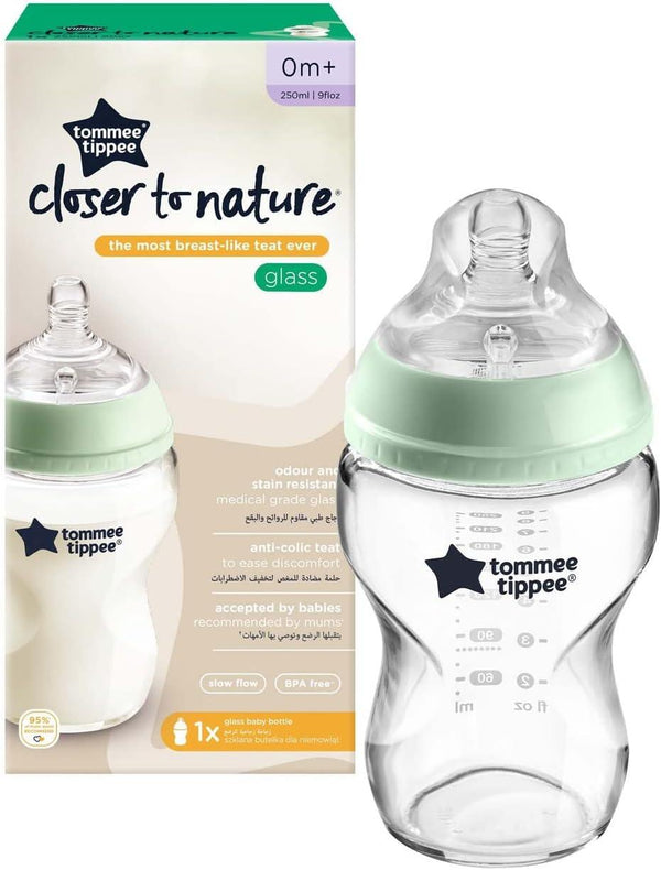 Tommee Tippee Closer to Nature Slow Flow Glass Baby Bottle with Anti-Colic Valve 250ML - Zrafh.com - Your Destination for Baby & Mother Needs in Saudi Arabia