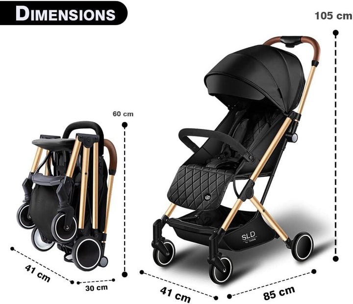 Teknum Travel Lite Shock Proof Stroller SLD|Extra Wide Seat|Single Hand Fold|360° Rotating Wheels|Air Travel Cabin|Cover Carry Bag|Newborn Baby/Kids,0-3 Years Stroller (Black Gold) - Zrafh.com - Your Destination for Baby & Mother Needs in Saudi Arabia