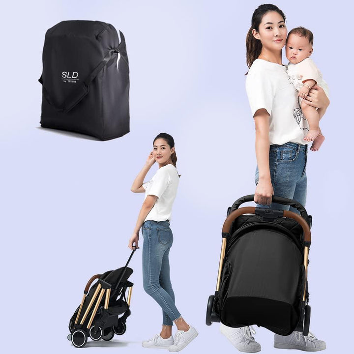 Teknum Travel Lite Shock Proof Stroller SLD|Extra Wide Seat|Single Hand Fold|360° Rotating Wheels|Air Travel Cabin|Cover Carry Bag|Newborn Baby/Kids,0-3 Years Stroller (Black Gold) - Zrafh.com - Your Destination for Baby & Mother Needs in Saudi Arabia