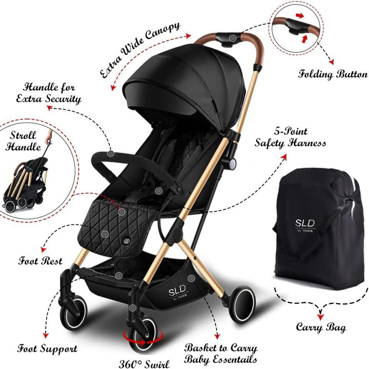 Teknum Travel Lite Shock Proof Stroller SLD|Extra Wide Seat|Single Hand Fold|360° Rotating Wheels|Air Travel Cabin|Cover Carry Bag|Newborn Baby/Kids,0-3 Years Stroller (Black Gold) - Zrafh.com - Your Destination for Baby & Mother Needs in Saudi Arabia