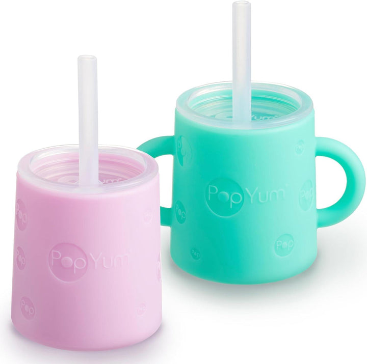 PopYum Silicone Training Cup with Straw + Lid, 2-Pack for Baby, Infant and Toddler, Tumbler, Sippy, handles, 5 ounce (green, pink) - Zrafh.com - Your Destination for Baby & Mother Needs in Saudi Arabia