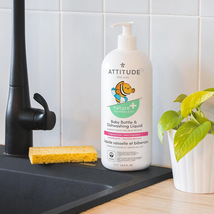 ATTITUDE Baby Bottle and Dishwashing Liquid, EWG Verified, No Added Dyes or Fragrances, Tough on Milk Residue and Grease, Vegan and Cruelty-free, Unscented, 1 Liter - Zrafh.com - Your Destination for Baby & Mother Needs in Saudi Arabia