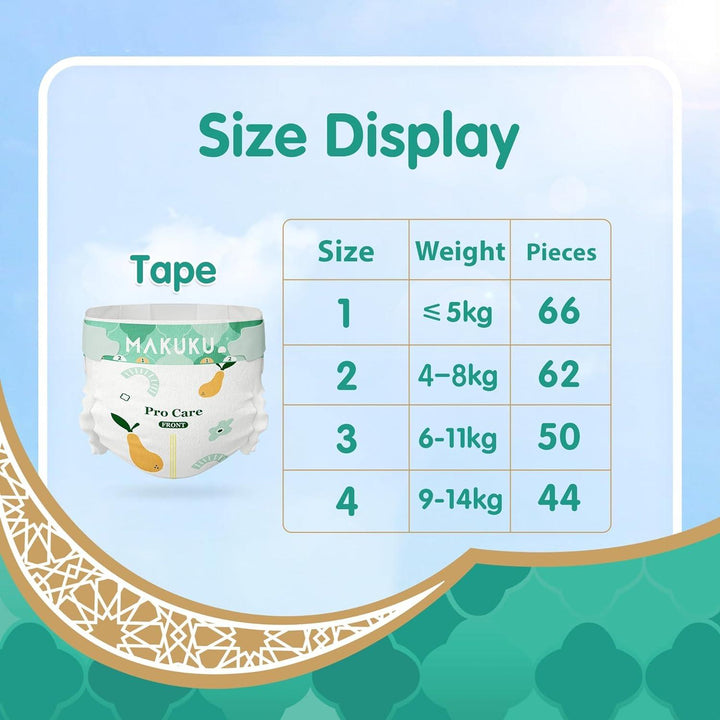 Makuku Premium Diapers ProCare Tape Style Disposable Diaper, Size 4, Large, 9-14 KG, 44 Pieces - Zrafh.com - Your Destination for Baby & Mother Needs in Saudi Arabia