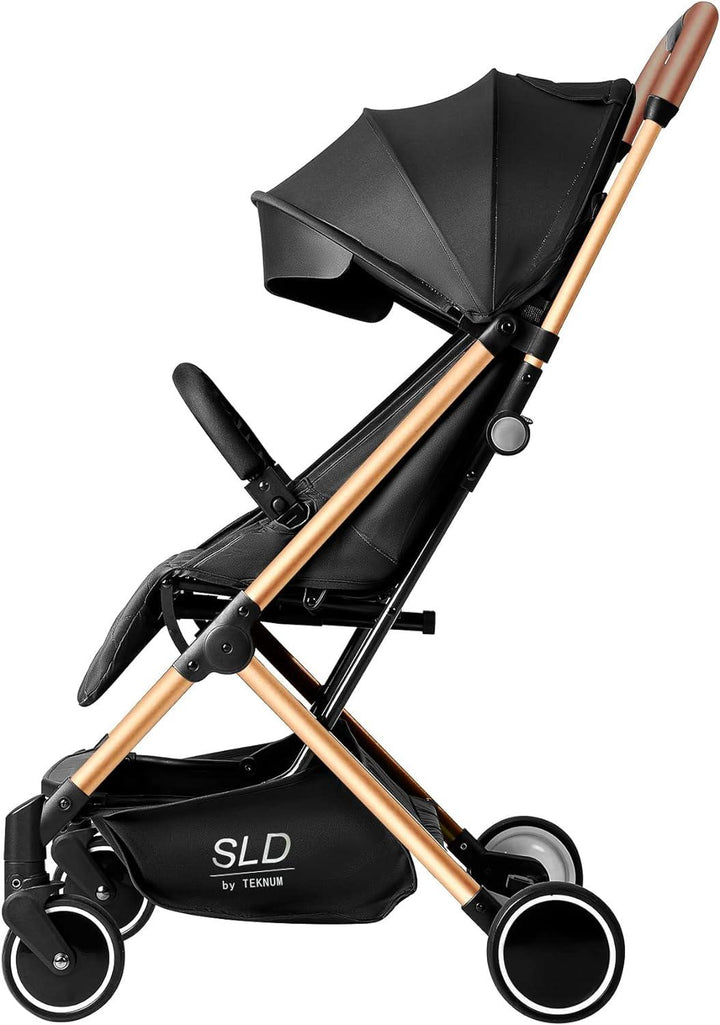 Teknum Travel Lite Shock Proof Stroller SLD|Extra Wide Seat|Single Hand Fold|360° Rotating Wheels|Air Travel Cabin|Cover Carry Bag|Newborn Baby/Kids,0-3 Years Stroller (Black Gold) - Zrafh.com - Your Destination for Baby & Mother Needs in Saudi Arabia