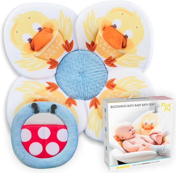 Blooming Bath Baby Bath Seat - Baby Tubs for Newborn Infants to Toddler 0 to 6 Months and Up - Baby Essentials Must Haves - The Original Washer-Safe Flower Seat (Pond Pal Duckling + Scrubbie)