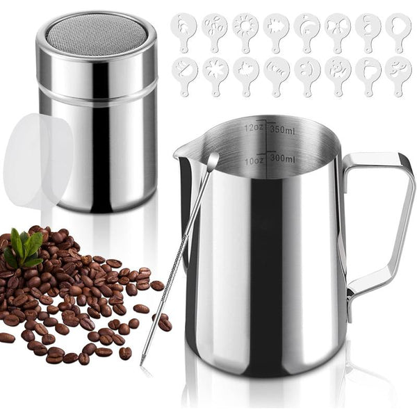 Gevi Milk Frothing Pitcher 12oz/350ml Stainless Steel Steam Pitchers for Milk Coffee Cappuccino Latte Art,Stainless Steel Powder Shaker with Lid