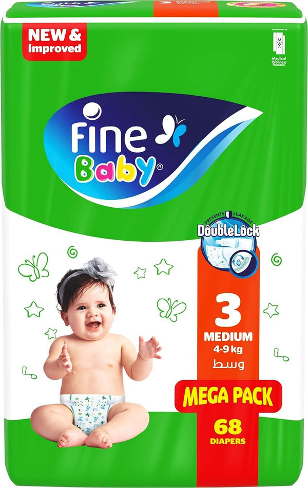 Fine Baby Diapers, Size 3, Medium 4-9kg, Mega Pack of 68 diapers, with new and improved technology - Zrafh.com - Your Destination for Baby & Mother Needs in Saudi Arabia