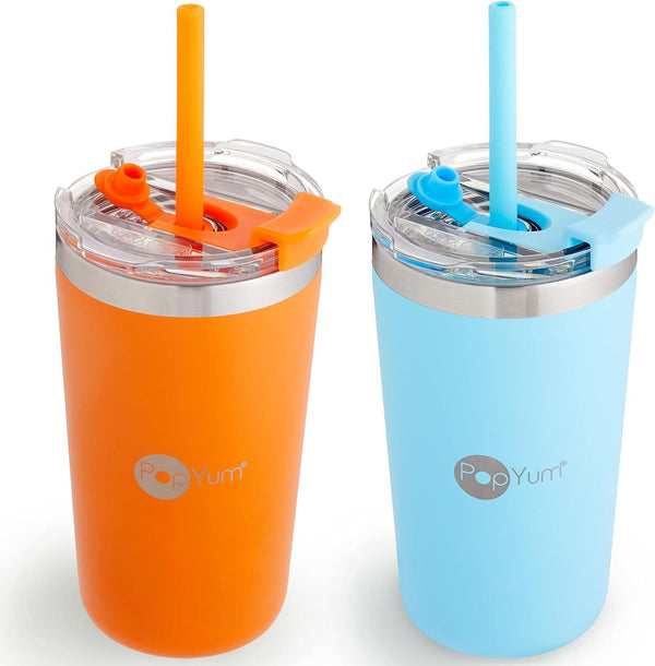 PopYum 13oz Insulated Stainless Steel Kids’ Cups with Lid and Straw, 2-Pack, Orange, Blue, stackable, sippy, baby, child, toddler, tumbler, double wall, vacuum, leak proof - Zrafh.com - Your Destination for Baby & Mother Needs in Saudi Arabia