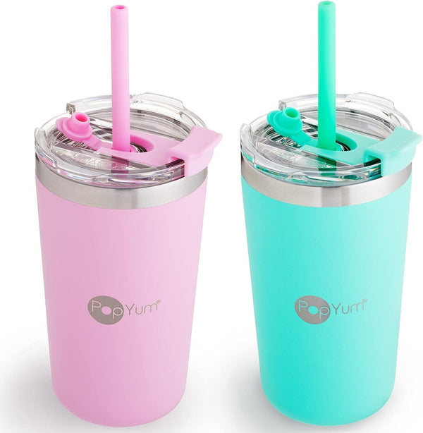 PopYum 13oz Insulated Stainless Steel Kids’ Cups with Lid and Straw, 2-Pack, Green, Pink, stackable, sippy, baby, child, toddler, tumbler, double wall, vacuum, leak proof - Zrafh.com - Your Destination for Baby & Mother Needs in Saudi Arabia