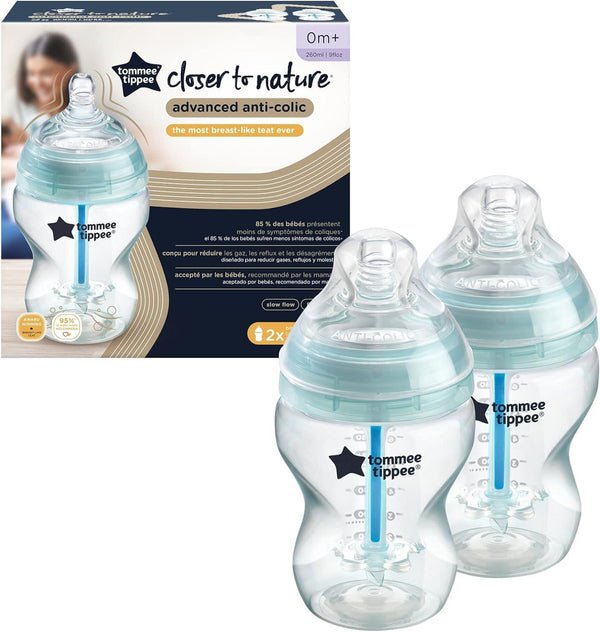 Tommee Tippee Anti-Colic Slow-Flow Baby Bottle with Unique Anti-Colic Venting System - 2 Pieces - 260 ml - Zrafh.com - Your Destination for Baby & Mother Needs in Saudi Arabia