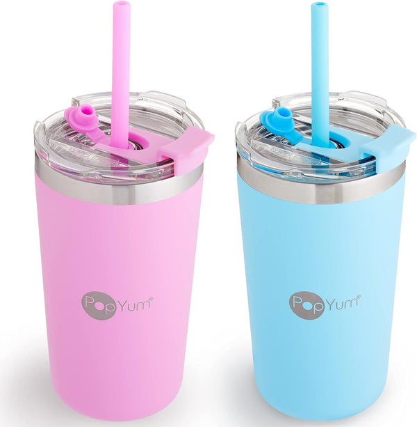 PopYum 13oz Insulated Stainless Steel Kids’ Cups with Lid and Straw, 2-Pack, Blue, Pink, stackable, sippy, baby, child, toddler, tumbler, double wall, vacuum, leak proof - Zrafh.com - Your Destination for Baby & Mother Needs in Saudi Arabia