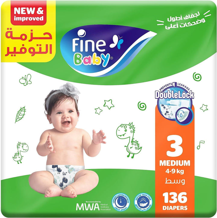 Fine Baby, Size 3, Medium 4‚Äö√Ñ√¨9kg, 136 Diapers - Zrafh.com - Your Destination for Baby & Mother Needs in Saudi Arabia