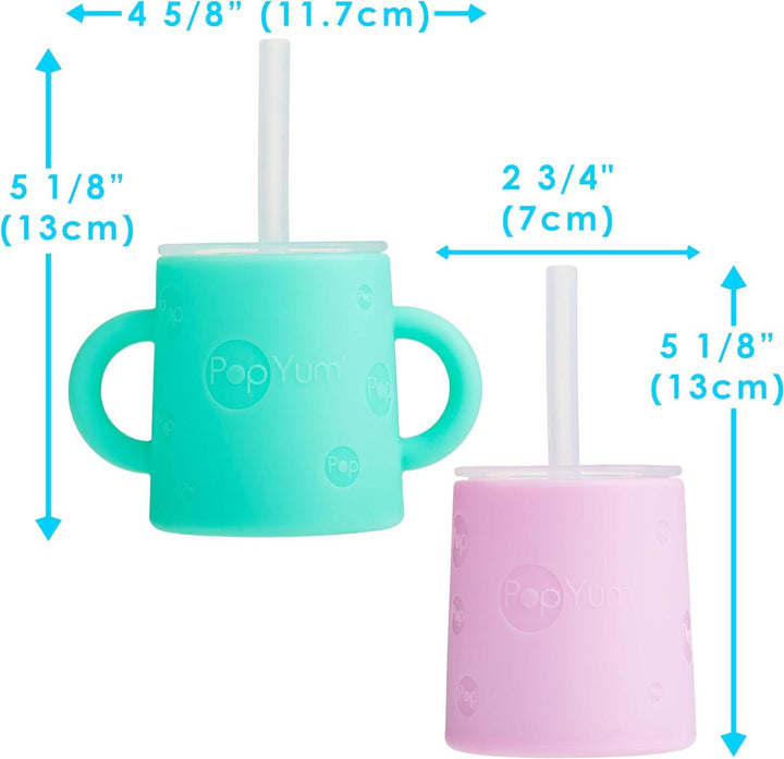 PopYum Silicone Training Cup with Straw + Lid, 2-Pack for Baby, Infant and Toddler, Tumbler, Sippy, handles, 5 ounce (green, pink) - Zrafh.com - Your Destination for Baby & Mother Needs in Saudi Arabia