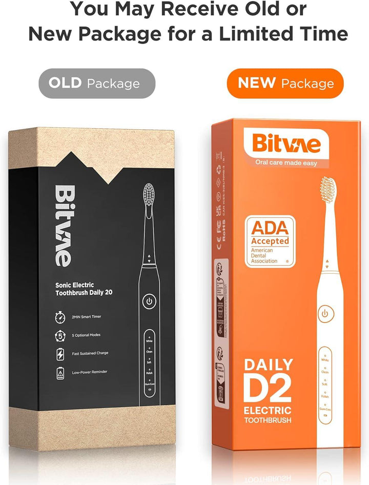 Bitvae Electric Toothbrush for Adults - Ultrasonic Electric Toothbrushes with 6 Brush Heads, ADA Accepted Power Rechargeable Toothbrush with 5 Modes, Smart Timer, Black D2 - Zrafh.com - Your Destination for Baby & Mother Needs in Saudi Arabia