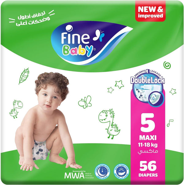 Fine Baby Diapers, Size 5, Maxi 11-18kg, pack of 56 diapers, with new and improved technology - ZRAFH