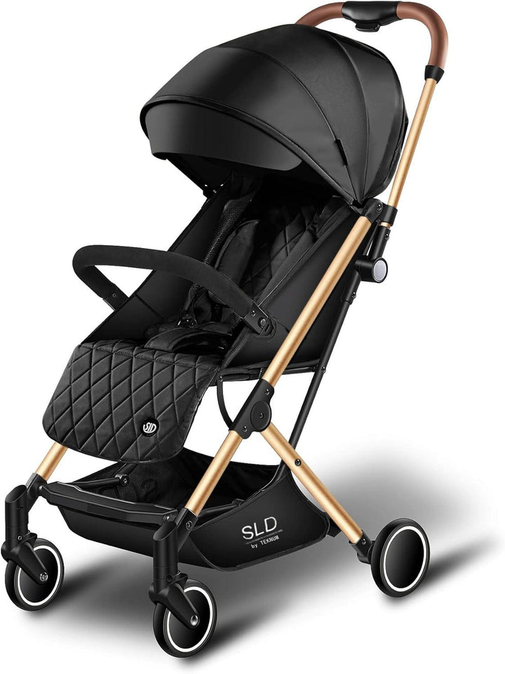 Teknum Travel Lite Shock Proof Stroller SLD|Extra Wide Seat|Single Hand Fold|360° Rotating Wheels|Air Travel Cabin|Cover Carry Bag|Newborn Baby/Kids,0-3 Years Stroller (Black Gold) - Zrafh.com - Your Destination for Baby & Mother Needs in Saudi Arabia