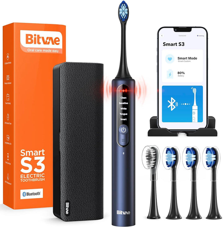 Bitvae Smart S3 Sonic Electric Toothbrush for Adults, 180-Day Battery Life Rechargeable Electric Power Toothbrush with Pressure Sensor, Electric Toothbrush with 4 Brush Heads, Travel Case, Dark Blue - Zrafh.com - Your Destination for Baby & Mother Needs in Saudi Arabia