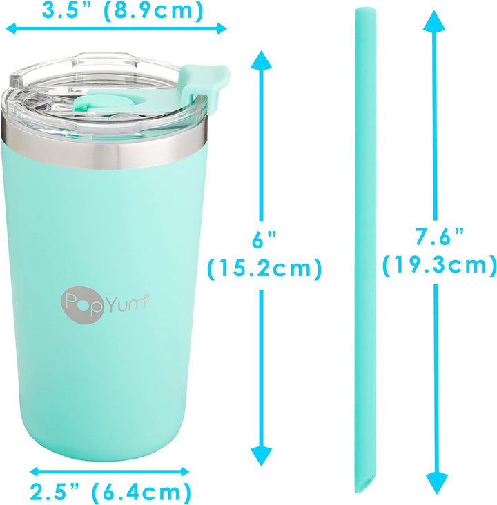 PopYum 13oz Insulated Stainless Steel Kids’ Cups with Lid and Straw, 2-Pack, Blue, Green, stackable, sippy, baby, child, toddler, tumbler, double wall, vacuum, leak proof - Zrafh.com - Your Destination for Baby & Mother Needs in Saudi Arabia