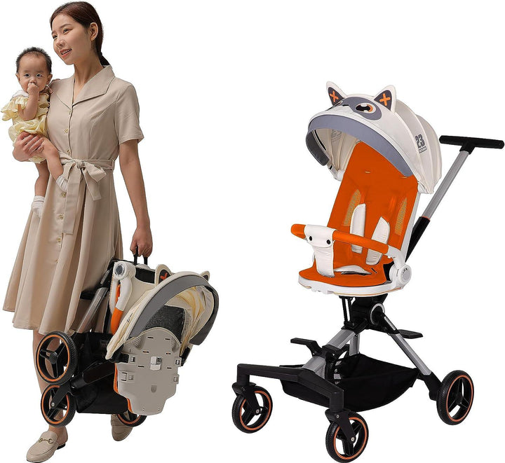 Luqu Convenience Stroller Lightweight Stroller One-Hand Fold,Compact Travel Stroller Multiposition Recline,Oversized Canopy,Extra-Large Storage- orange - Zrafh.com - Your Destination for Baby & Mother Needs in Saudi Arabia